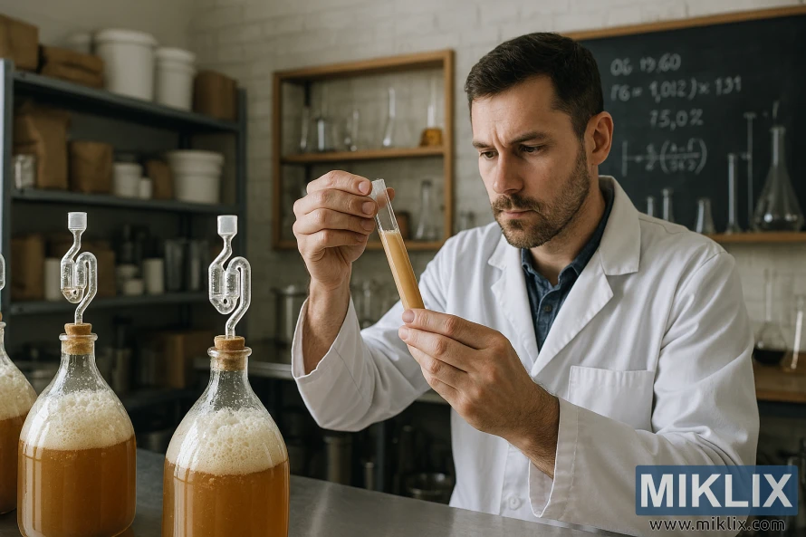 Brewer in lab coat measuring yeast in a well-lit brewery with fermentation vessels and brewing tools