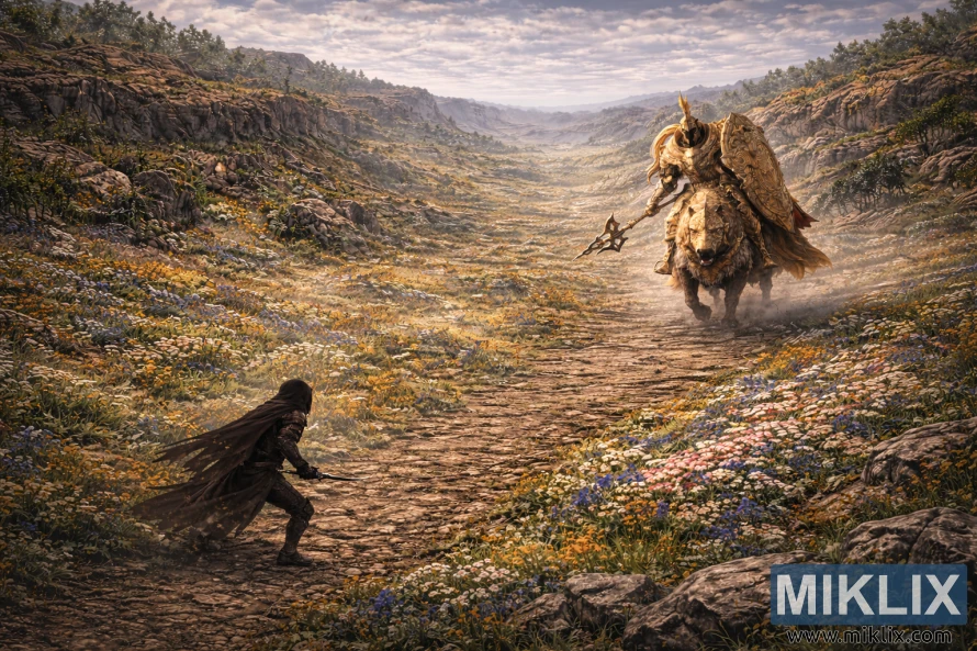 Landscape view of the Tarnished facing a mounted Tree Sentinel along a winding path in a wide, flower-filled valley before battle.