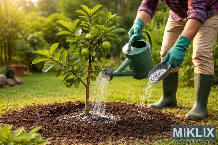 Person watering and fertilizing a young guava tree in a garden with green foliage and warm sunlight
