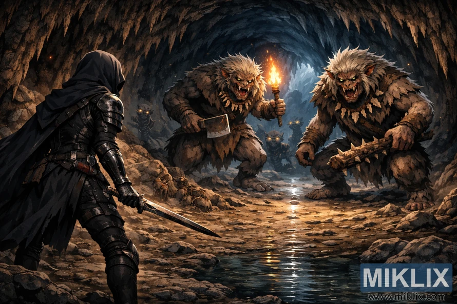 Аниме фантастична сцена која го прикажува Оцрнетиот во оклоп од црн нож од левата страна, свртен кон двајца получовечки поглавари во широка крајбрежна пештера со светлина од факел и рефлексии од вода пред битката.