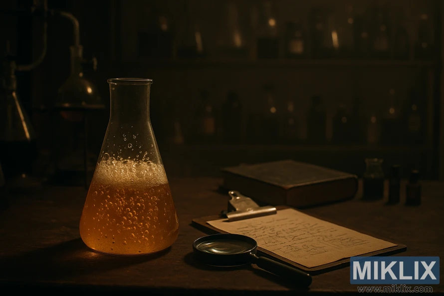 ایک مدھم روشنی والا لیبارٹری ورک بینچ جس میں بلبلا ہوا ایرلن میئر فلاسک، سائنسی اوزار اور پس منظر میں ری ایجنٹس کی شیلف ہیں۔ ایک مدھم روشنی والا لیبارٹری ورک بینچ جس میں بلبلا ہوا ایرلن میئر فلاسک، سائنسی اوزار اور پس منظر میں ری ایجنٹس کی شیلف ہیں۔