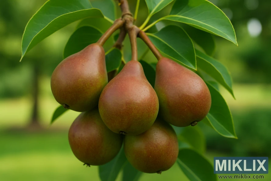 Close-up of ripe Seckel pears in a small cluster with reddish-brown skins and green leaves. Close-up of ripe Seckel pears in a small cluster with reddish-brown skins and green leaves.
