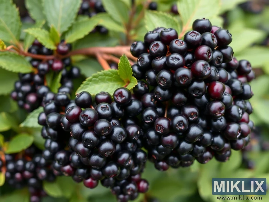 광택이 나는 검은색 아로니아 열매가 푸른 잎이 많은 줄기에 빽빽하게 매달려 있습니다. 광택이 나는 검은색 아로니아 열매가 푸른 잎이 많은 줄기에 빽빽하게 매달려 있습니다.