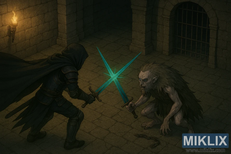 Semi-realistic fan art of the Tarnished fighting Demi-Human Swordmaster Onze inside Belurat Gaol Semi-realistic fan art of the Tarnished fighting Demi-Human Swordmaster Onze inside Belurat Gaol