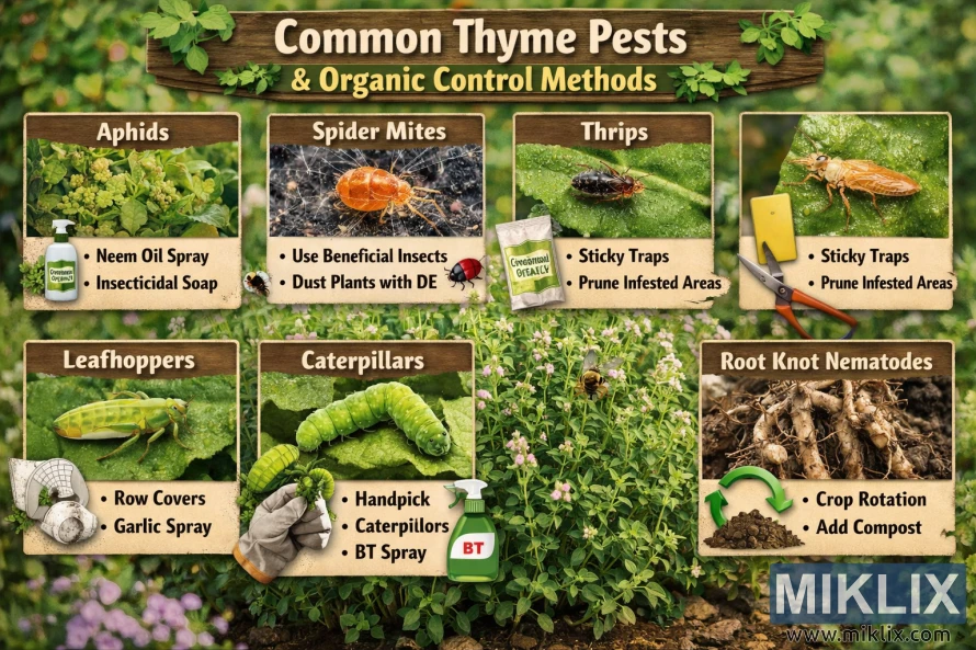 Infographic showing common thyme pests such as aphids, spider mites, thrips, leafhoppers, caterpillars, and root knot nematodes with organic control methods illustrated in a garden setting.