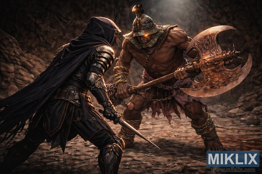 Фан-арт во аниме стил на кој се прикажува Оцрнетиот и Избезумениот Дуелист како стојат многу блиску во Затворската Пештера, моменти пред судир.