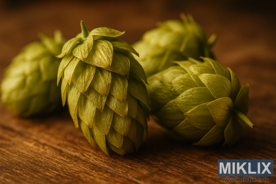 Nærbilde av ferske Bravo-humlekjegler på en rustikk treflate med varm belysning.