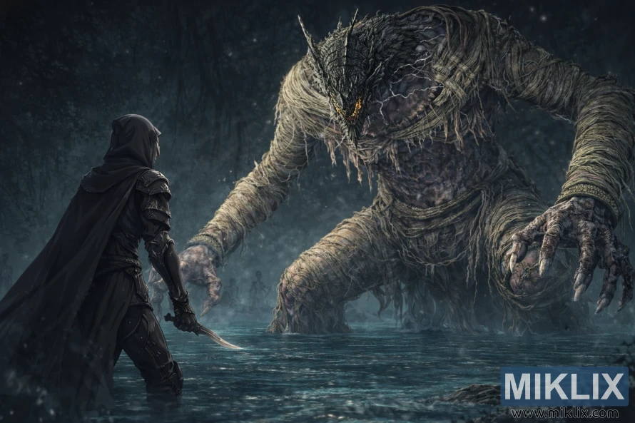 Dökk fantasíumynd af Tarnished in Black Knife brynjunni sem stendur frammi fyrir risavaxnum Dragonkin hermanni frá Nokstella í glóandi vatni Ainsel-árinnar. Dökk fantasíumynd af Tarnished in Black Knife brynjunni sem stendur frammi fyrir risavaxnum Dragonkin hermanni frá Nokstella í glóandi vatni Ainsel-árinnar.