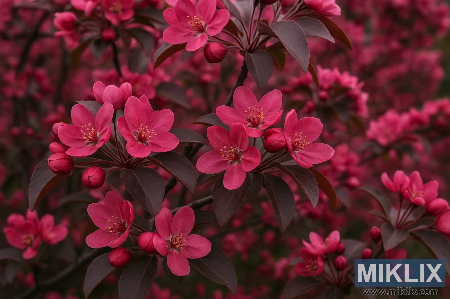 Close-up view of a Prairiefire Crabapple tree covered in vivid deep pink flowers and purple-tinged leaves, symbolizing vibrant spring color and resilience. Close-up view of a Prairiefire Crabapple tree covered in vivid deep pink flowers and purple-tinged leaves, symbolizing vibrant spring color and resilience.