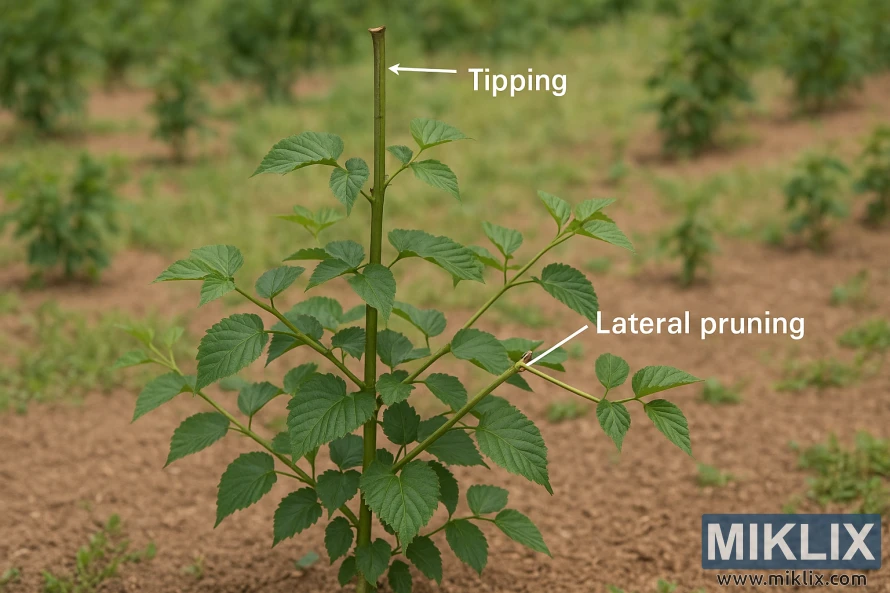 Jaunas stačias gervuogės augalas, rodantis genėjimo įpjovimus viršūnėms ir šoniniam genėjimui dirbamame lauke. Jaunas stačias gervuogės augalas, rodantis genėjimo įpjovimus viršūnėms ir šoniniam genėjimui dirbamame lauke.