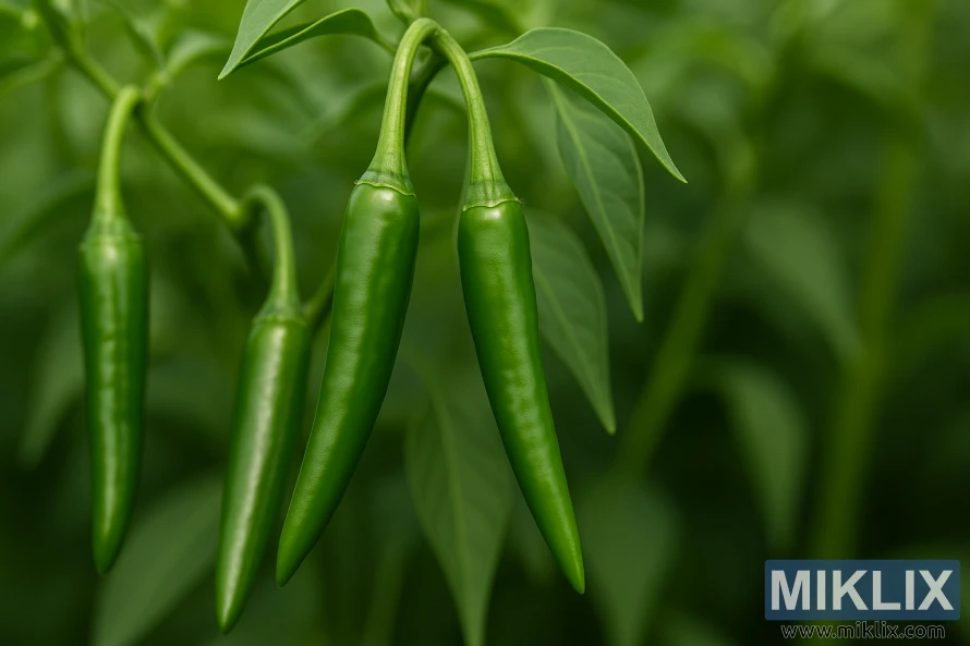 Närbild av smala gröna serranopeppar som växer på en bladväxt. Närbild av smala gröna serranopeppar som växer på en bladväxt.
