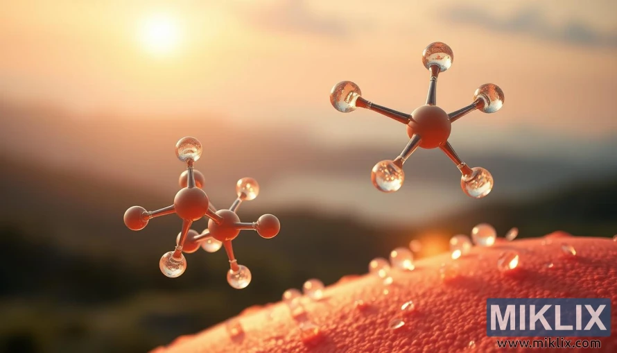 ત્વચાના ઘા રૂઝાવવા અને શાંત પૃષ્ઠભૂમિ લેન્ડસ્કેપ સાથે ફોટોરિયાલિસ્ટિક એલ-લાયસિન પરમાણુઓ.