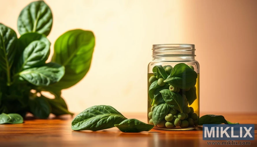 Friske spinatblade med en glaskrukke med probiotisk tonic på en blødt oplyst pastelbaggrund. Friske spinatblade med en glaskrukke med probiotisk tonic på en blødt oplyst pastelbaggrund.