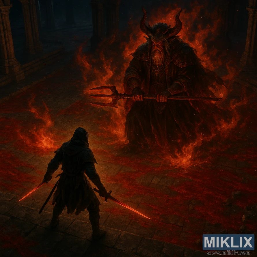 A hooded warrior with twin red blades faces Mohg, Lord of Blood, in a fiery arena from an elevated viewpoint. A hooded warrior with twin red blades faces Mohg, Lord of Blood, in a fiery arena from an elevated viewpoint.