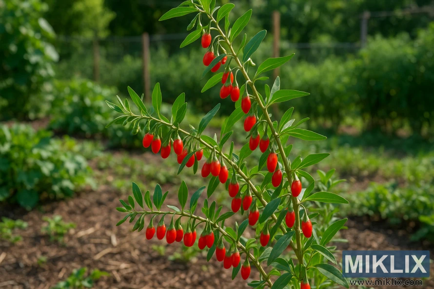 Healthy goji berry plant with clusters of bright red berries growing in a sunlit home garden.