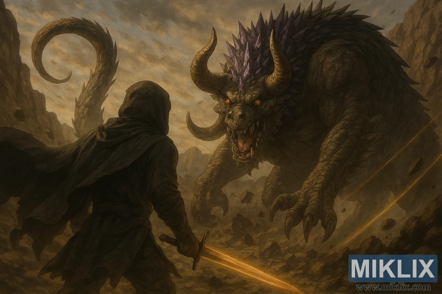 Semi-realistic fantasy art of the Tarnished facing the Full-Grown Fallingstar Beast in Elden Ring