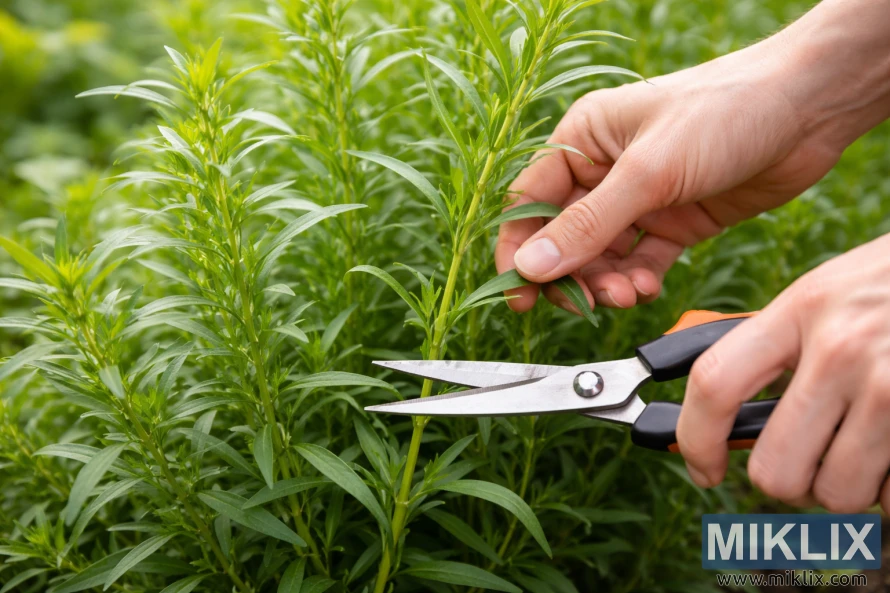 Hands harvesting a tarragon stem at the correct height using garden scissors in a green herb garden.
