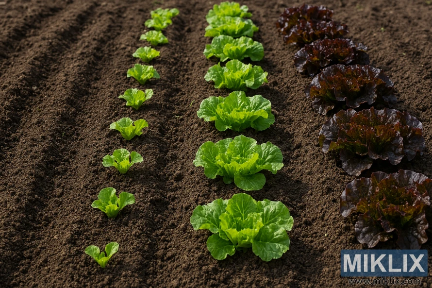 Four rows of lettuce at different growth stages from seedlings to mature heads in a garden bed