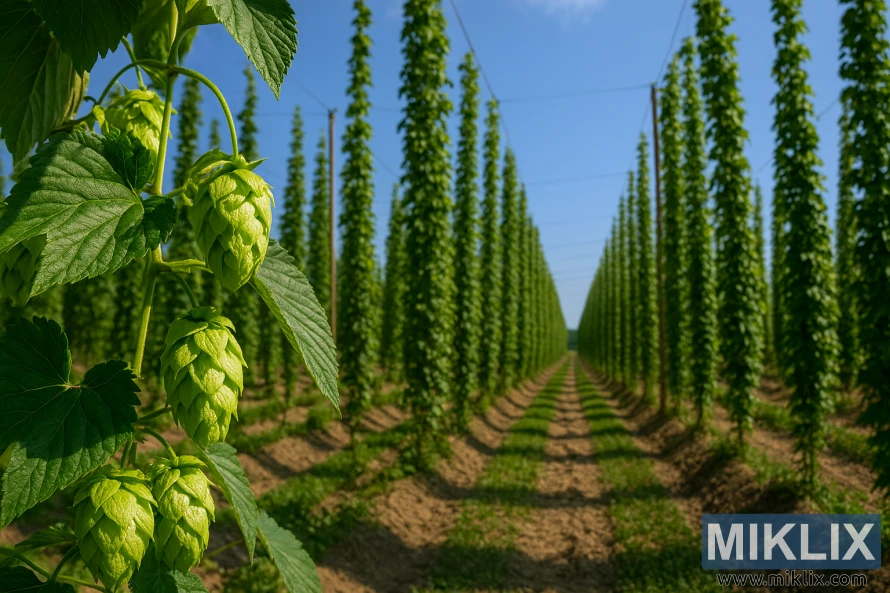 Pejzažna fotografija Zenitha hmelja na visokim rešetkama, s pravilno proporcionalnim zelenim češerima i velikim nazubljenim listovima u prvom planu.