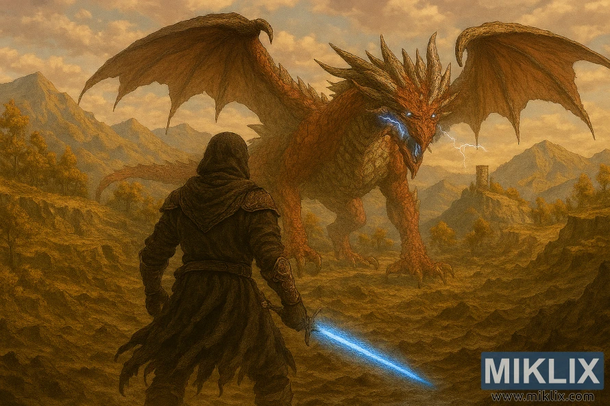 Semi-realistic fan art of the Tarnished facing Ancient Dragon Lansseax in Altus Plateau