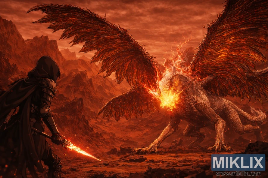Anime-style fan art showing a small Tarnished in Black Knife armor facing a colossal Ancient Dragon Senessax on a fiery, reddish-brown mountain peak before battle.