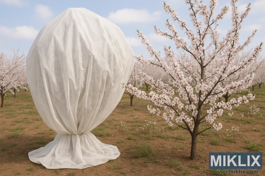 Amendoeira coberta com pano de gelo ao lado das amendoeiras em flor num pomar. Amendoeira coberta com pano de gelo ao lado das amendoeiras em flor num pomar.