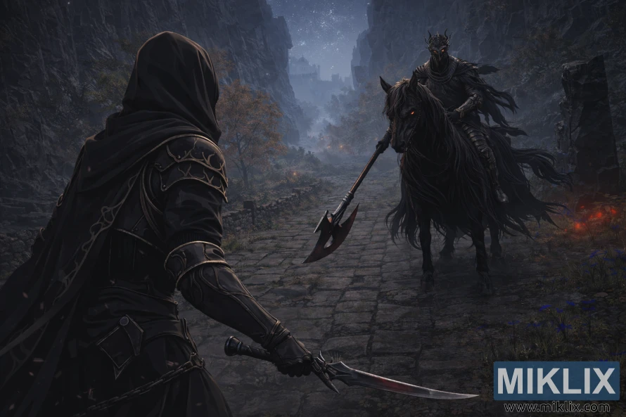 Arte de fã de Elden Ring ao estilo anime mostrando o Maculado com armadura de Faca Negra à esquerda, visto de costas, a enfrentar a Cavalaria da Noite na Estrada Bellum momentos antes da batalha.