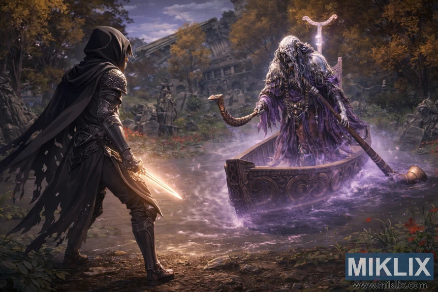 Anime style fan art of the Tarnished in Black Knife armor facing the Tibia Mariner boss in a misty village swamp just before battle. Anime style fan art of the Tarnished in Black Knife armor facing the Tibia Mariner boss in a misty village swamp just before battle.