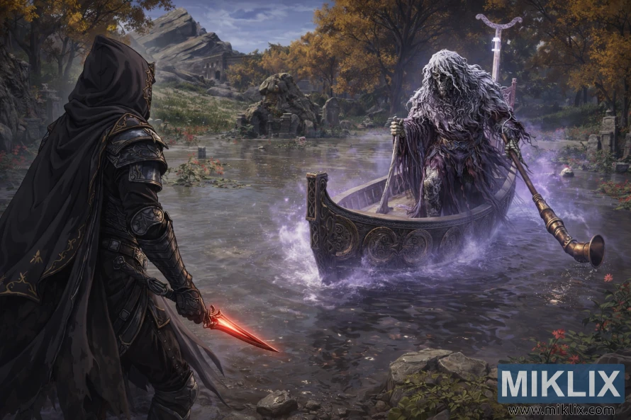 Anime style fantasy scene of a black-armored warrior facing a ghostly skeletal boatman in a misty ruined swamp village just before battle. Anime style fantasy scene of a black-armored warrior facing a ghostly skeletal boatman in a misty ruined swamp village just before battle.