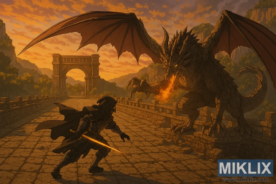 Anime stílusú rajongói grafika, amelyen a Tarnished in Black Knife páncélzatú figurát izometrikus nézetből ábrázolják a Farum Greatbridge-en harcoló Flying Dragon Greyllel szemben. Anime stílusú rajongói grafika, amelyen a Tarnished in Black Knife páncélzatú figurát izometrikus nézetből ábrázolják a Farum Greatbridge-en harcoló Flying Dragon Greyllel szemben.