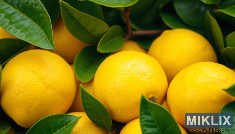 Limões frescos com cascas brilhantes aninhados entre folhas verdes sob suave luz natural. Limões frescos com cascas brilhantes aninhados entre folhas verdes sob suave luz natural.