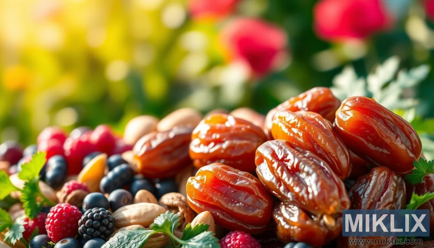 Mirdzošu dzintara krāsas dateļu tuvplāns ar ogām, riekstiem un zaļumiem uz izplūduša dārza fona. Mirdzošu dzintara krāsas dateļu tuvplāns ar ogām, riekstiem un zaļumiem uz izplūduša dārza fona.