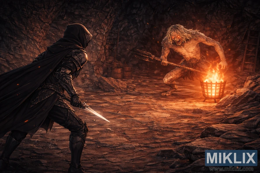 Wide anime style fan art of a Black Knife armored Tarnished seen from behind facing a towering Scaly Misbegotten in a fiery cavern with expanded background.