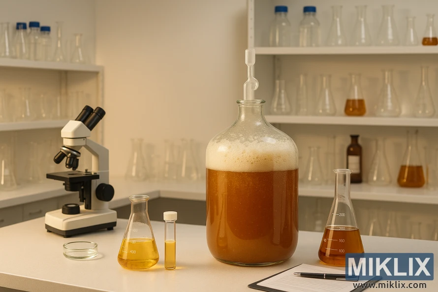 O damigeană de sticlă cu must în fermentare, înconjurată de sticlărie de laborator, microscop și echipamente ordonate, într-un laborator de bere cald și bine luminat.