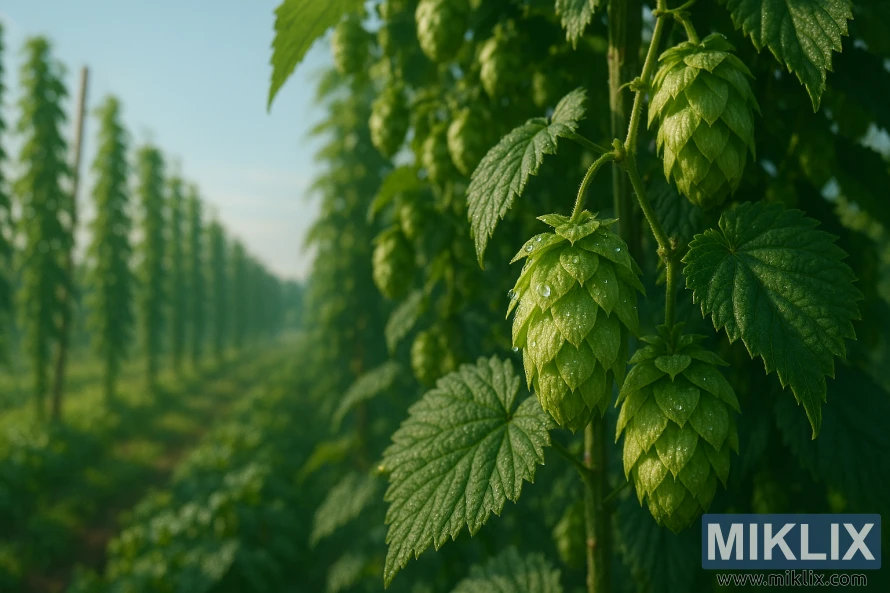 Bližnji posnetek z roso prekritih storžev in zelenih listov lubliškega hmelja na rešetki, z mehko izostrenim hmeljem in modrim nebom v ozadju.