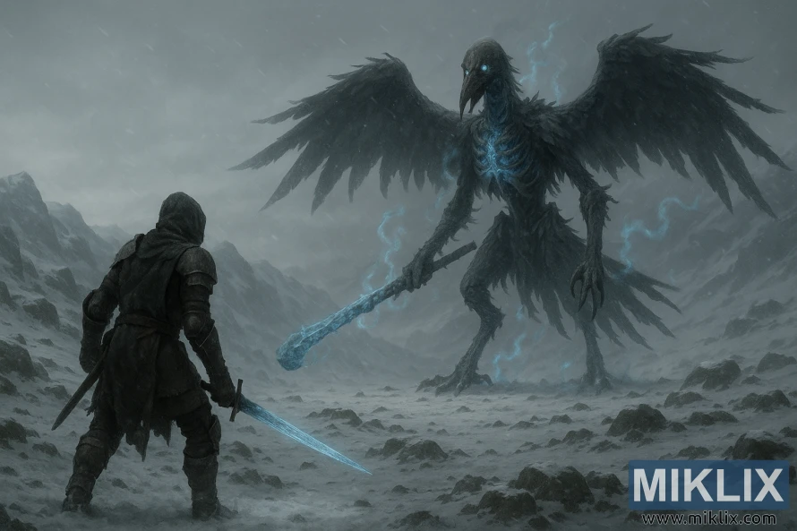 Iqhawe elihlomile lodwa libheke inyoni enohlaka oluphakeme ephethe induku embozwe isithwathwa endaweni yempi eneqhwa.