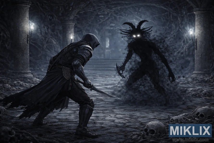 Dark fantasy scene of the Tarnished in Black Knife armor facing the shadowy Cemetery Shade in the cold, grey-blue Caelid Catacombs.