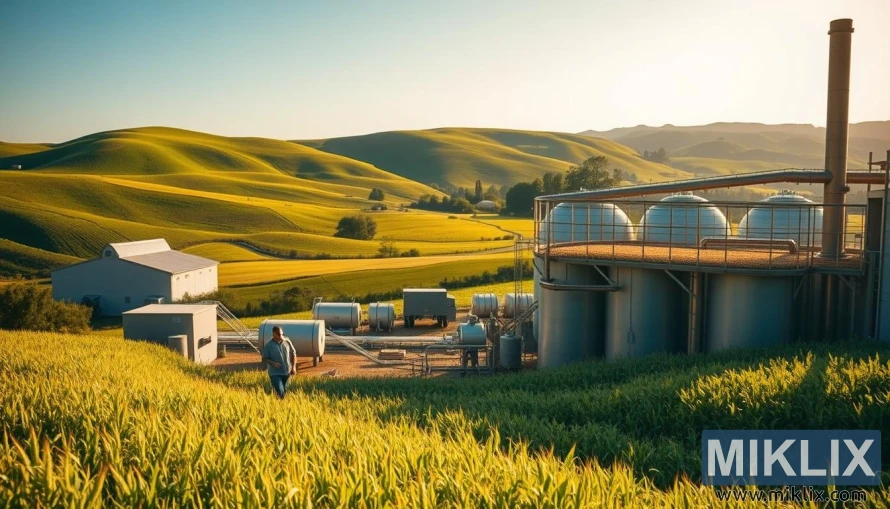 Bærekraftig blekmaltanlegg med arbeidere, moderne utstyr og bølgende grønne åser i gyllent sollys.