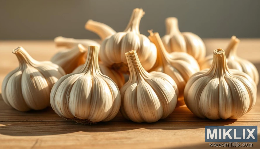 Cận cảnh củ tỏi tươi trên bàn gỗ dưới ánh sáng tự nhiên ấm áp. Cận cảnh củ tỏi tươi trên bàn gỗ dưới ánh sáng tự nhiên ấm áp.