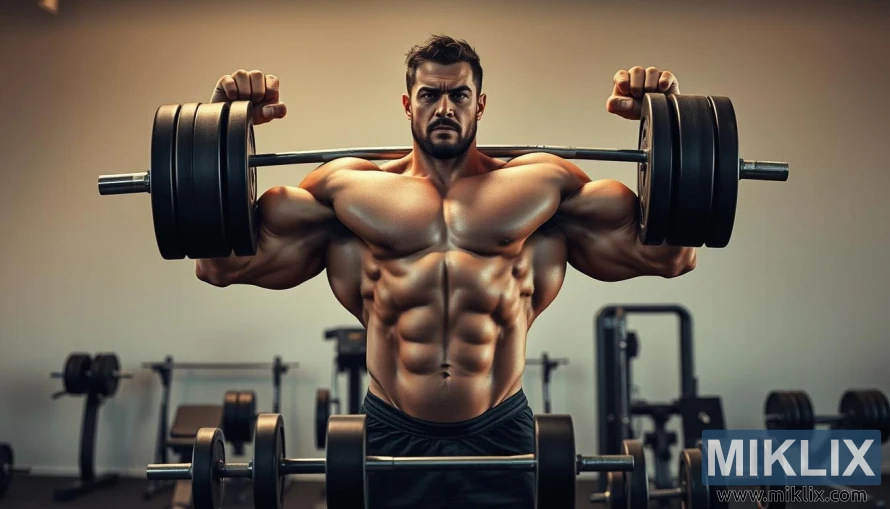 Muscular man in lifting pose surrounded by barbells, dumbbells, and gym equipment under warm lighting.