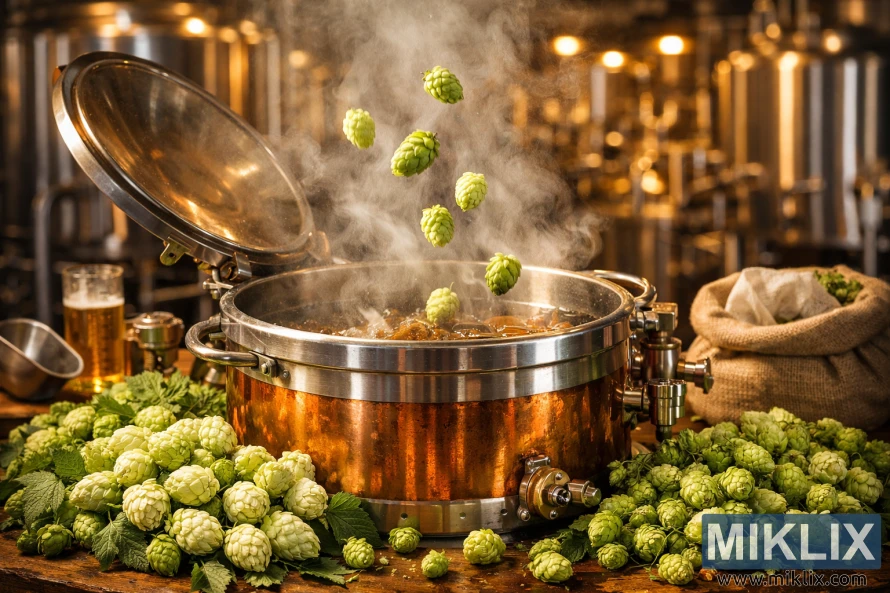 Copper brew kettle steaming as fresh green hops are tossed in, surrounded by brewing tools and warm-lit fermentation tanks in a modern brewery.