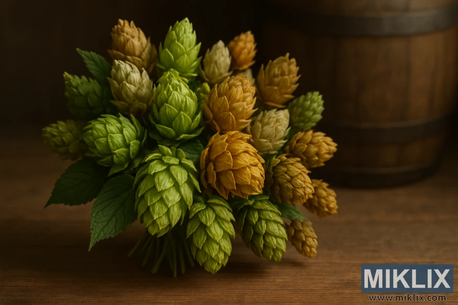 Կանաչ և ոսկեգույն գարեջրի կոների ծաղկեփունջ՝ տարբեր տեսակների համադրությամբ, ցուցադրված գեղջուկ փայտե տակառի ֆոնին՝ մեղմ լույսի ներքո: Կանաչ և ոսկեգույն գարեջրի կոների ծաղկեփունջ՝ տարբեր տեսակների համադրությամբ, ցուցադրված գեղջուկ փայտե տակառի ֆոնին՝ մեղմ լույսի ներքո: