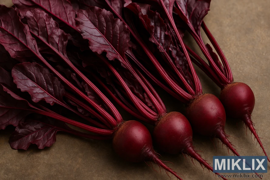 Свіжий буряк сорту «Bull's Blood» з насиченим фіолетово-червоним листям і темно-червоним корінням на сільській поверхні. Свіжий буряк сорту «Bull's Blood» з насиченим фіолетово-червоним листям і темно-червоним корінням на сільській поверхні.