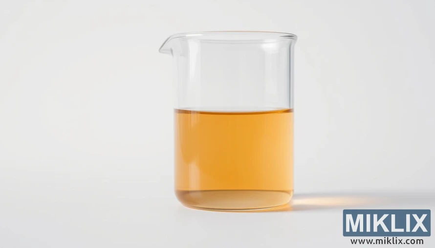 ภาพระยะใกล้ของบีกเกอร์แก้วที่มีของเหลวสีเหลืองอำพันเล็กน้อยบนพื้นหลังสีขาว ภาพระยะใกล้ของบีกเกอร์แก้วที่มีของเหลวสีเหลืองอำพันเล็กน้อยบนพื้นหลังสีขาว