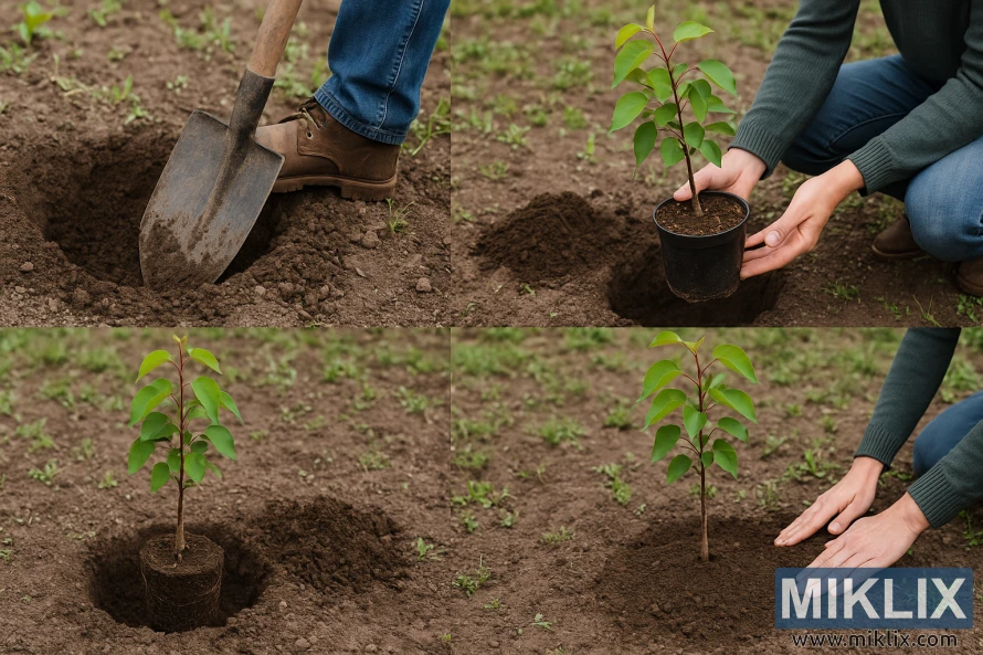Une séquence en quatre étapes illustrant le processus de plantation d'un jeune abricotier, depuis le creusement du trou jusqu'au tassement de la terre.