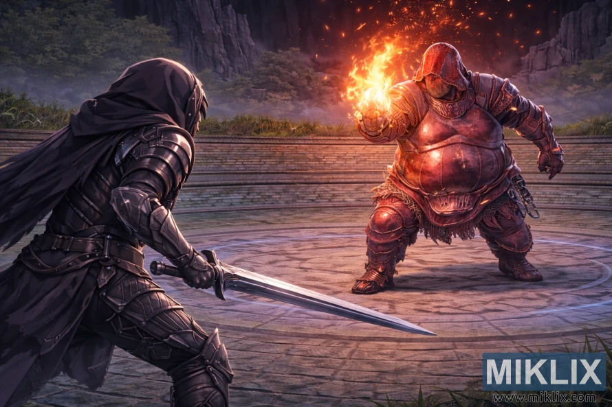 Fan art ao estilo anime que mostra o Maculado empunhando uma espada à esquerda enquanto Adan, Ladrão de Fogo, está mais perto do que antes dentro da Evergaol do Malefactor, momentos antes do combate.