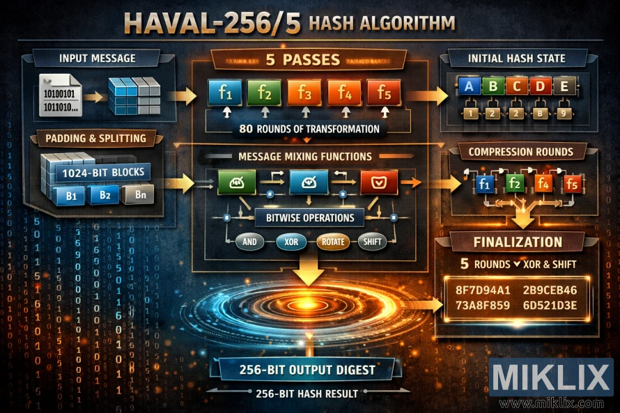 Landscape infographic explaining the HAVAL-256/5 hash algorithm, showing input padding, five passes of functions, compression rounds, bitwise operations, and a final 256-bit output digest.