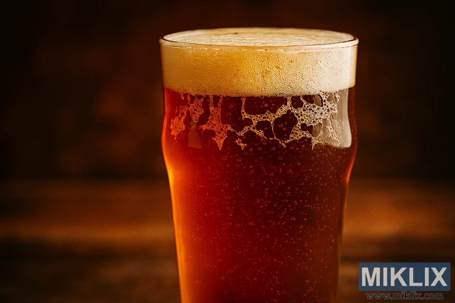 Gambar dekat gelas pint yang diisi dengan IPA ambar, diterangi oleh pencahayaan hangat pada bar kayu Gambar dekat gelas pint yang diisi dengan IPA ambar, diterangi oleh pencahayaan hangat pada bar kayu