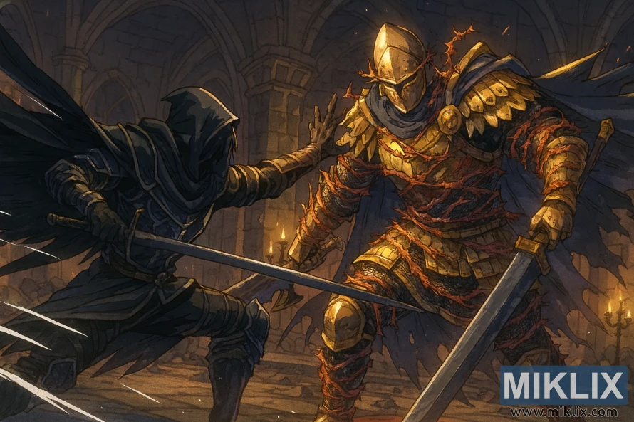 Anime-style illustration of the Tarnished in Black Knife armor fighting Elemer of the Briar inside the Shaded Castle, with dramatic lighting and dynamic sword combat.