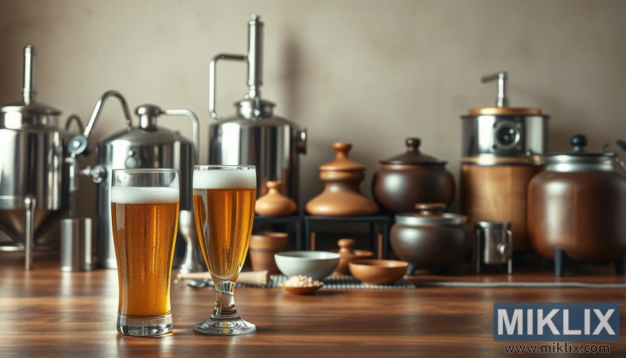 Glass gylden rispilsner omgitt av bryggekar og tradisjonelle ingredienser på tre.